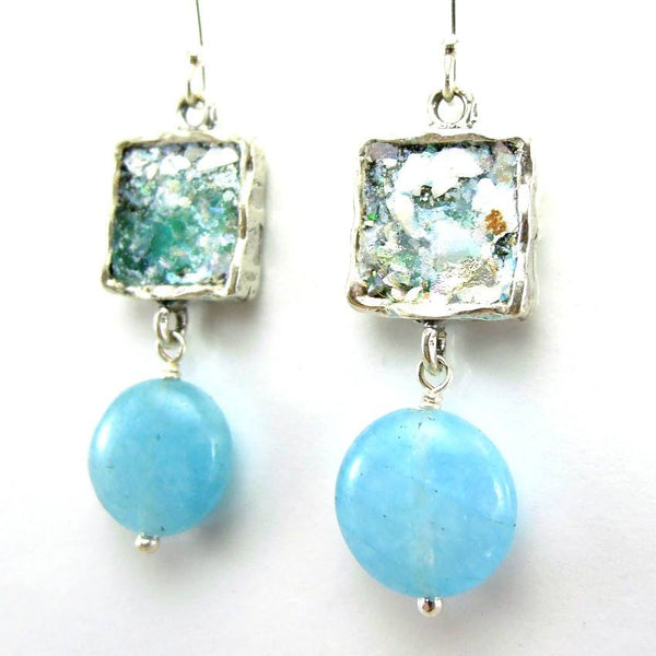 Earrings - Hanging Aquamarine And Roman Glass Silver Earrings