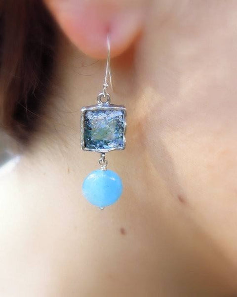 Earrings - Hanging Aquamarine And Roman Glass Silver Earrings
