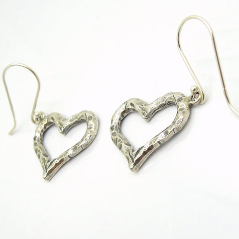 Earrings - Heart Earrings, Dangle, Hammered Silver