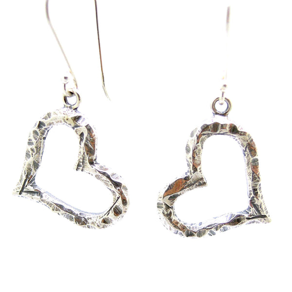 Earrings - Heart Earrings, Dangle, Hammered Silver