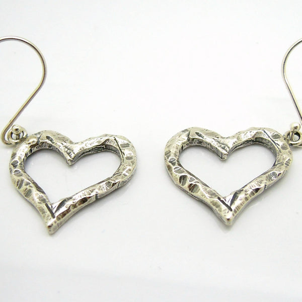 Earrings - Heart Earrings, Dangle, Hammered Silver