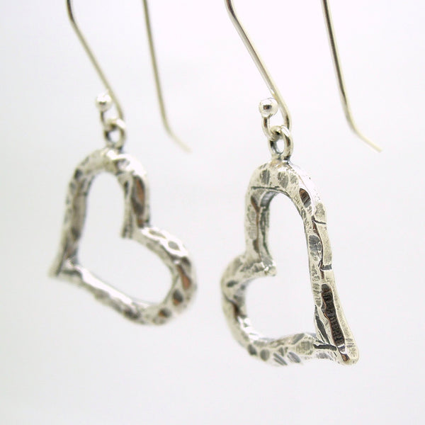 Earrings - Heart Earrings, Dangle, Hammered Silver