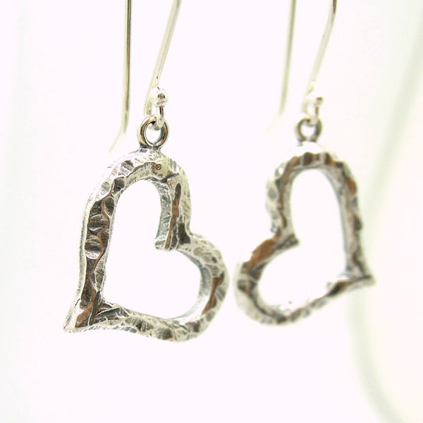 Earrings - Heart Earrings, Dangle, Hammered Silver