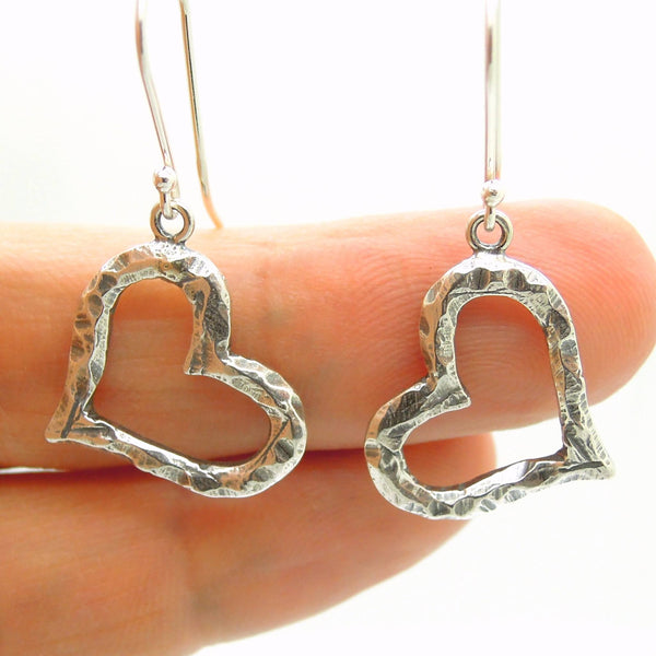 Earrings - Heart Earrings, Dangle, Hammered Silver