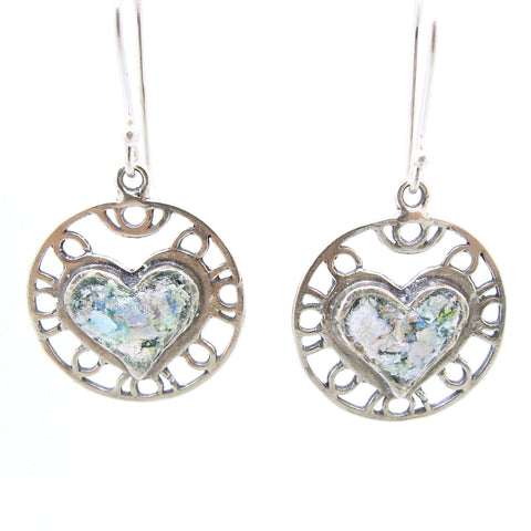 Earrings - Heart Earrings, Filigree Design With Roman Glass, Sterling Silver Frame