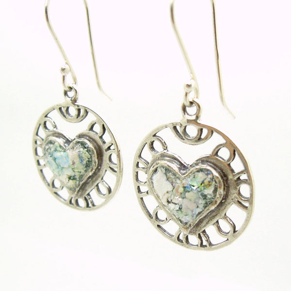 Earrings - Heart Earrings, Filigree Design With Roman Glass, Sterling Silver Frame