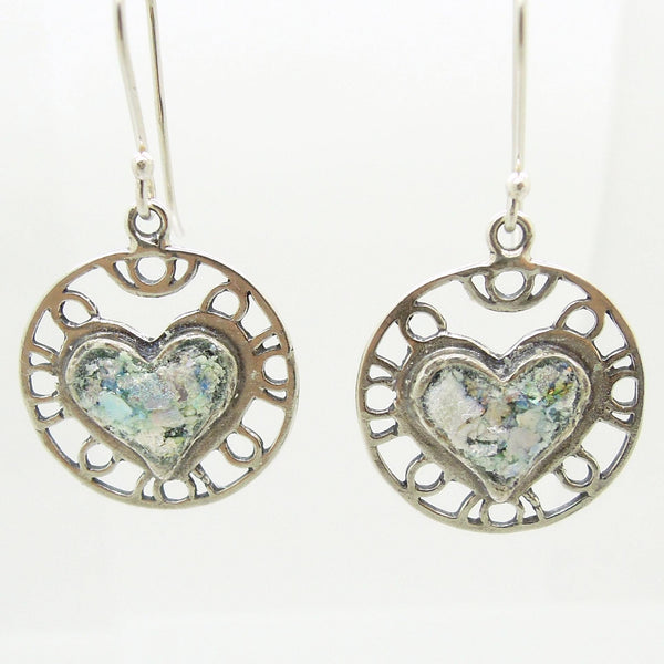 Earrings - Heart Earrings, Filigree Design With Roman Glass, Sterling Silver Frame