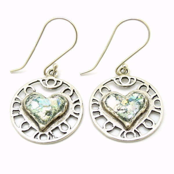 Earrings - Heart Earrings, Filigree Design With Roman Glass, Sterling Silver Frame