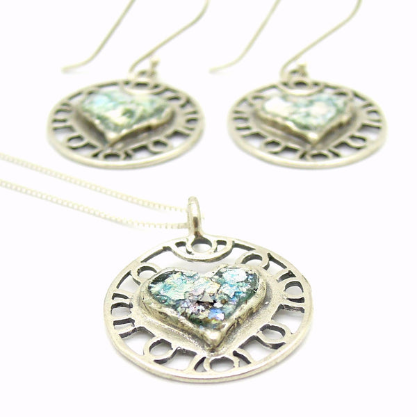 Earrings - Heart Earrings, Filigree Design With Roman Glass, Sterling Silver Frame