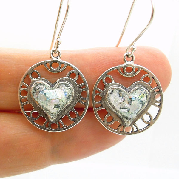 Earrings - Heart Earrings, Filigree Design With Roman Glass, Sterling Silver Frame
