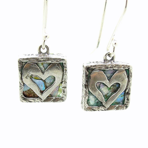 Earrings - Heart Earrings, Hammered Silver With Roman Glass