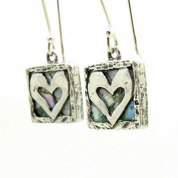 Earrings - Heart Earrings, Hammered Silver With Roman Glass