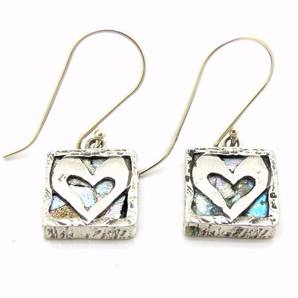 Earrings - Heart Earrings, Hammered Silver With Roman Glass