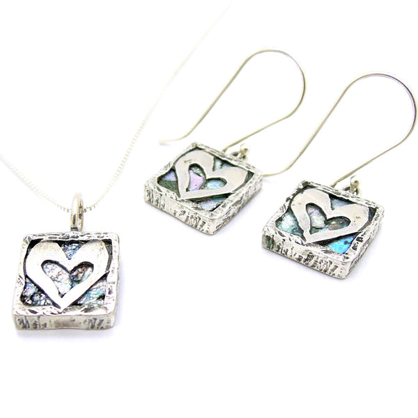 Earrings - Heart Earrings, Hammered Silver With Roman Glass