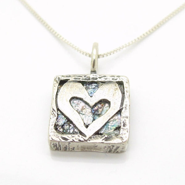 Earrings - Heart Earrings, Hammered Silver With Roman Glass