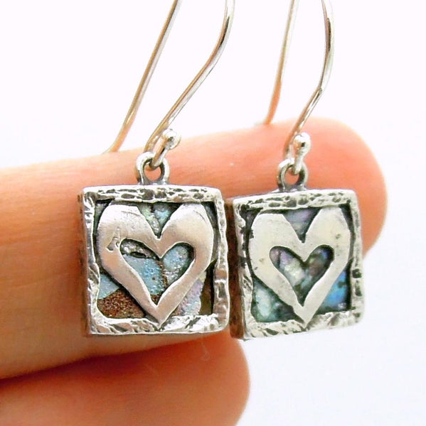 Earrings - Heart Earrings, Hammered Silver With Roman Glass