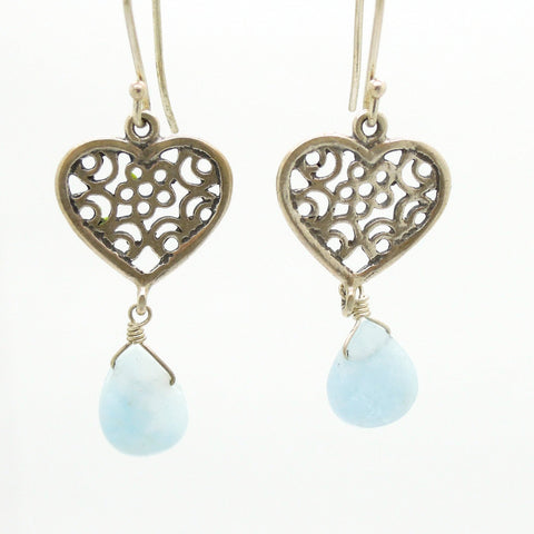 Earrings - Heart Earrings With Aquamarine And Filigree Design