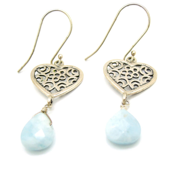 Earrings - Heart Earrings With Aquamarine And Filigree Design