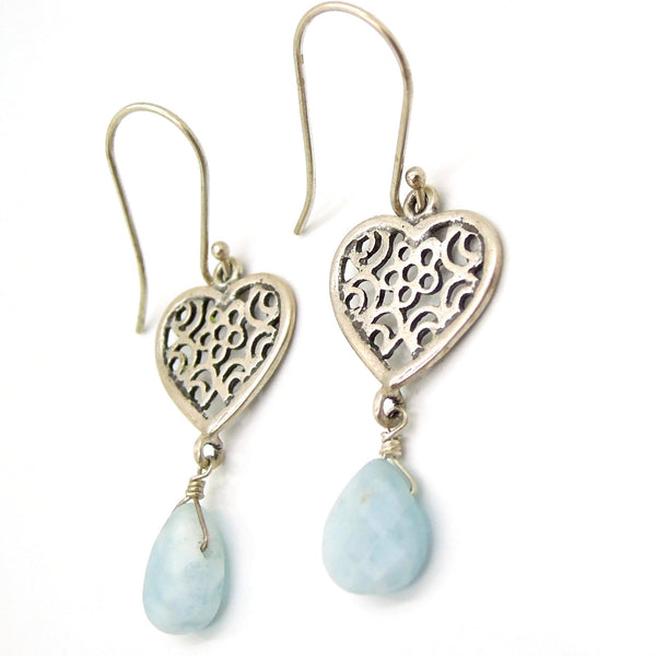 Earrings - Heart Earrings With Aquamarine And Filigree Design