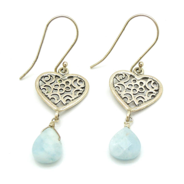 Earrings - Heart Earrings With Aquamarine And Filigree Design