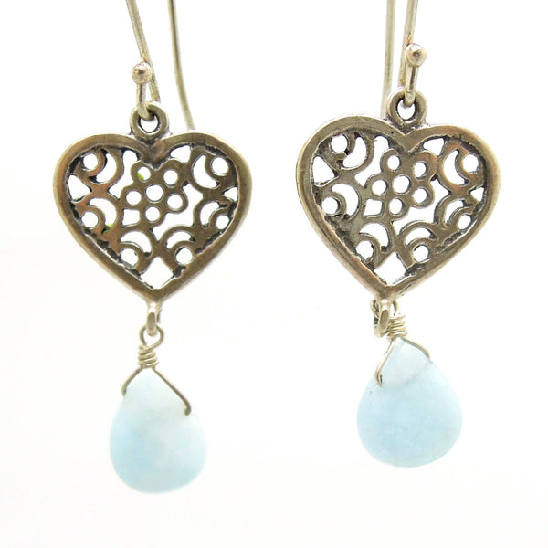 Earrings - Heart Earrings With Aquamarine And Filigree Design