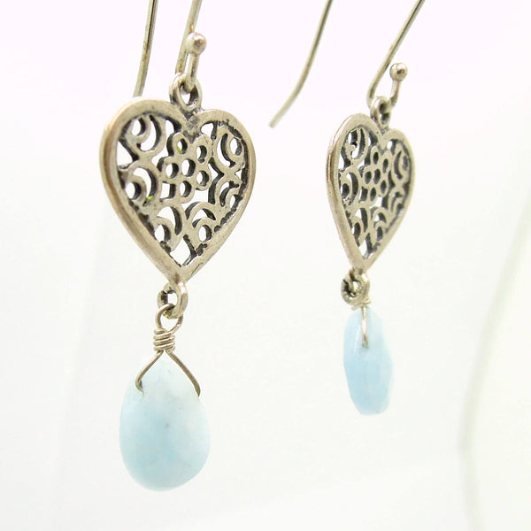 Earrings - Heart Earrings With Aquamarine And Filigree Design