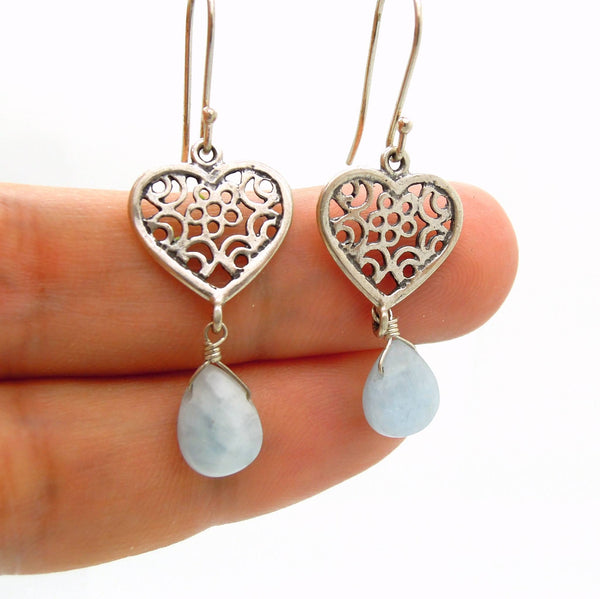 Earrings - Heart Earrings With Aquamarine And Filigree Design