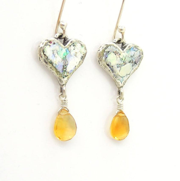 Earrings - Heart Shaped Silver And Roman Glass Earrings With Citrine
