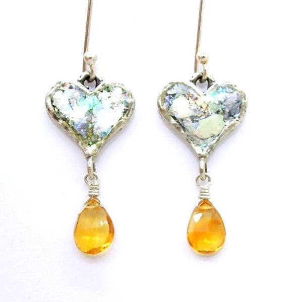 Earrings - Heart Shaped Silver And Roman Glass Earrings With Citrine