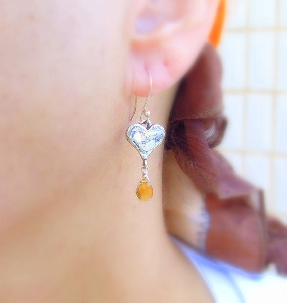 Earrings - Heart Shaped Silver And Roman Glass Earrings With Citrine