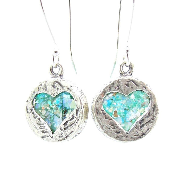 Earrings - Heart Shaped Silver Earrings With Roman Glass