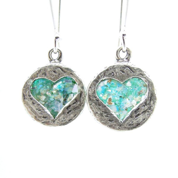 Earrings - Heart Shaped Silver Earrings With Roman Glass