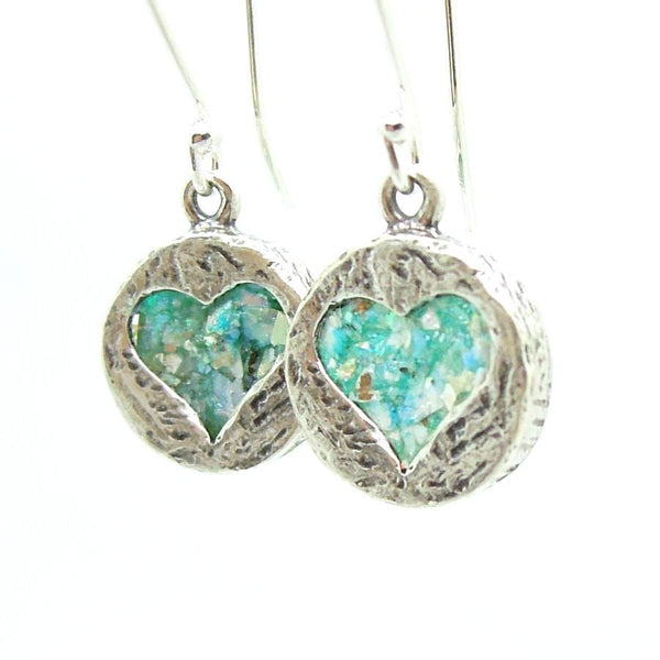Earrings - Heart Shaped Silver Earrings With Roman Glass