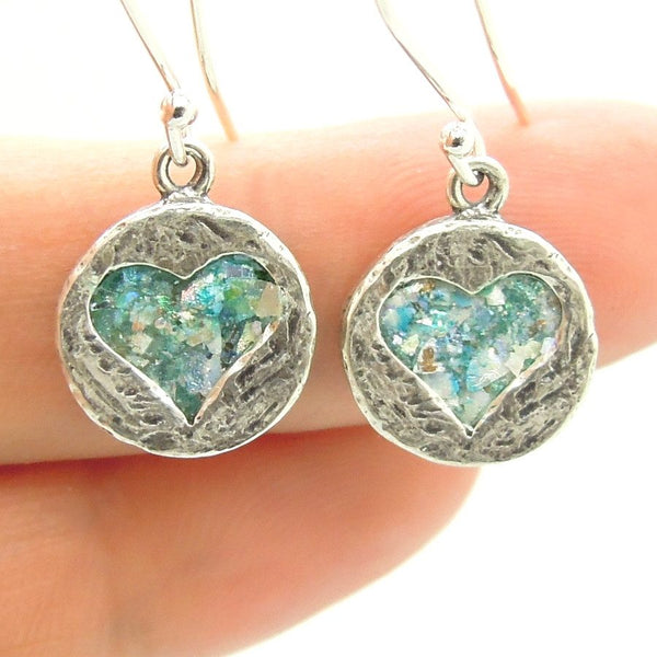 Earrings - Heart Shaped Silver Earrings With Roman Glass
