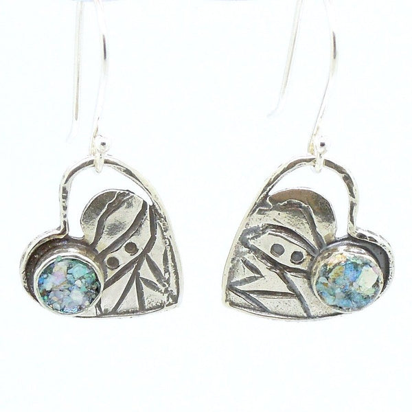 Earrings - Heart Shaped Silver Earrings With Roman Glass & Scroll Lines