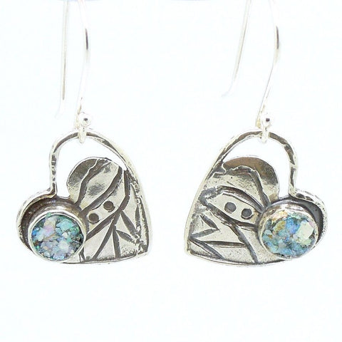 Earrings - Heart Shaped Silver Earrings With Roman Glass & Scroll Lines