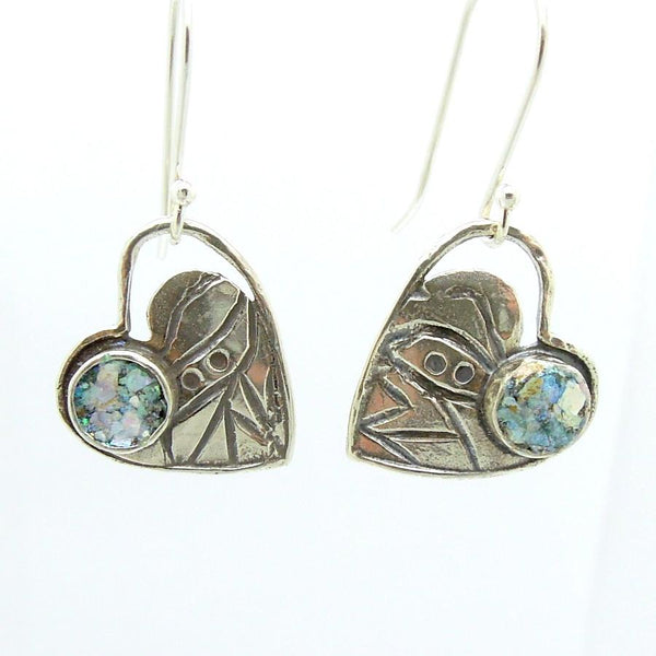 Earrings - Heart Shaped Silver Earrings With Roman Glass & Scroll Lines