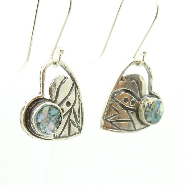 Earrings - Heart Shaped Silver Earrings With Roman Glass & Scroll Lines