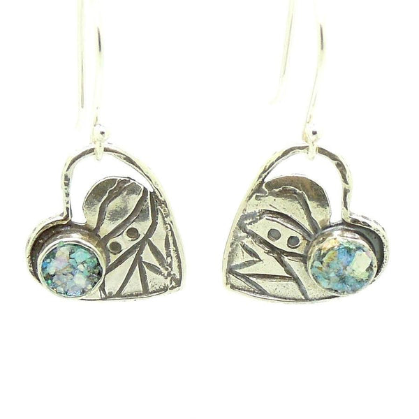 Earrings - Heart Shaped Silver Earrings With Roman Glass & Scroll Lines