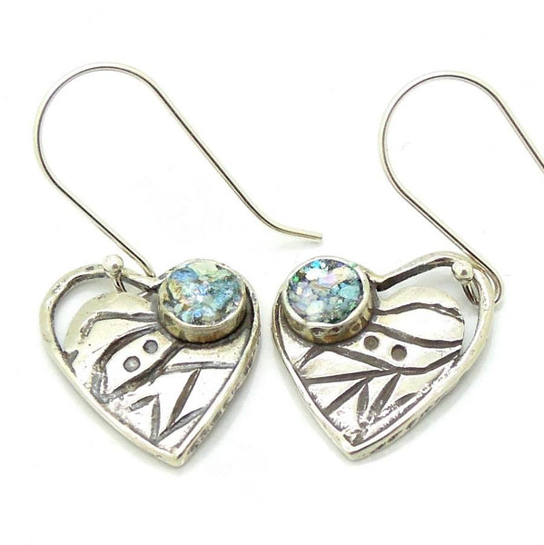 Earrings - Heart Shaped Silver Earrings With Roman Glass & Scroll Lines