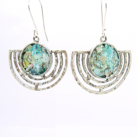 Earrings - Large Candelabrum Shape Silver Earrings With Roman Glass