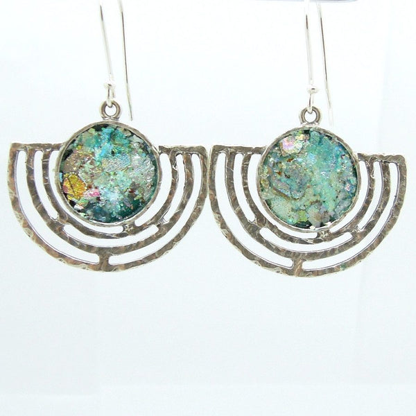 Earrings - Large Candelabrum Shape Silver Earrings With Roman Glass