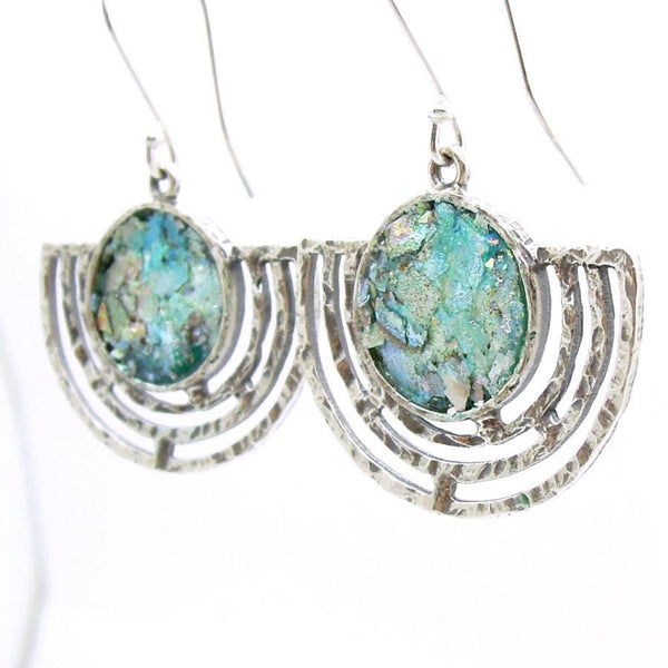 Earrings - Large Candelabrum Shape Silver Earrings With Roman Glass