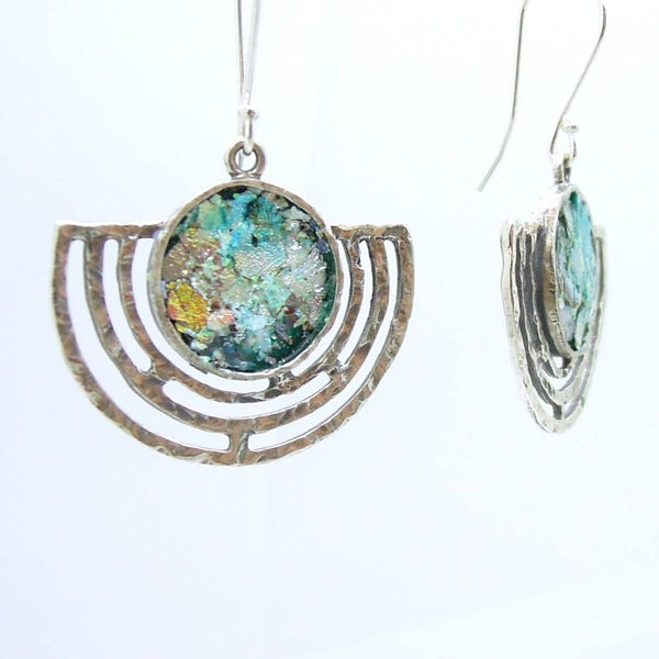 Earrings - Large Candelabrum Shape Silver Earrings With Roman Glass