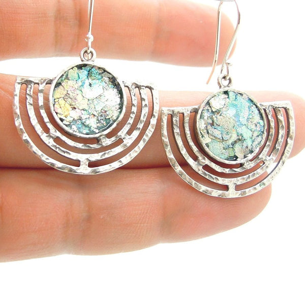 Earrings - Large Candelabrum Shape Silver Earrings With Roman Glass