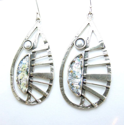 Earrings - Leaf Shape Large Pearl Silver Earrings With Roman Glass