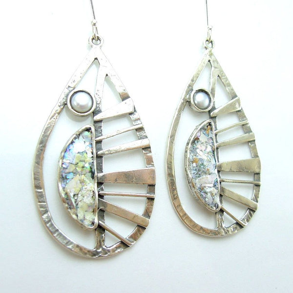 Earrings - Leaf Shape Large Pearl Silver Earrings With Roman Glass