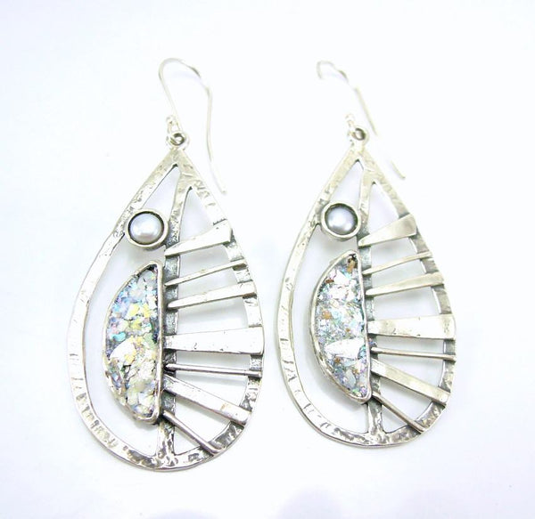Earrings - Leaf Shape Large Pearl Silver Earrings With Roman Glass