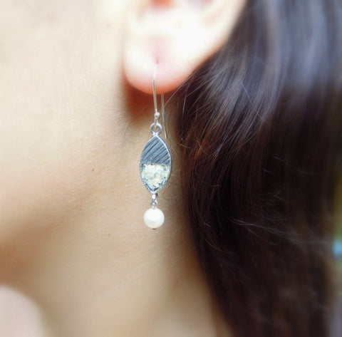 Earrings - Line Design Pearl Silver And Roman Glass Earrings