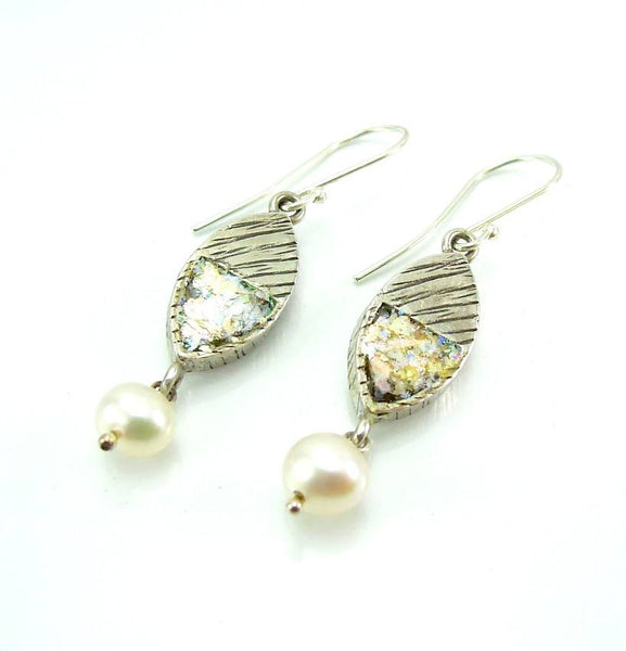 Earrings - Line Design Pearl Silver And Roman Glass Earrings